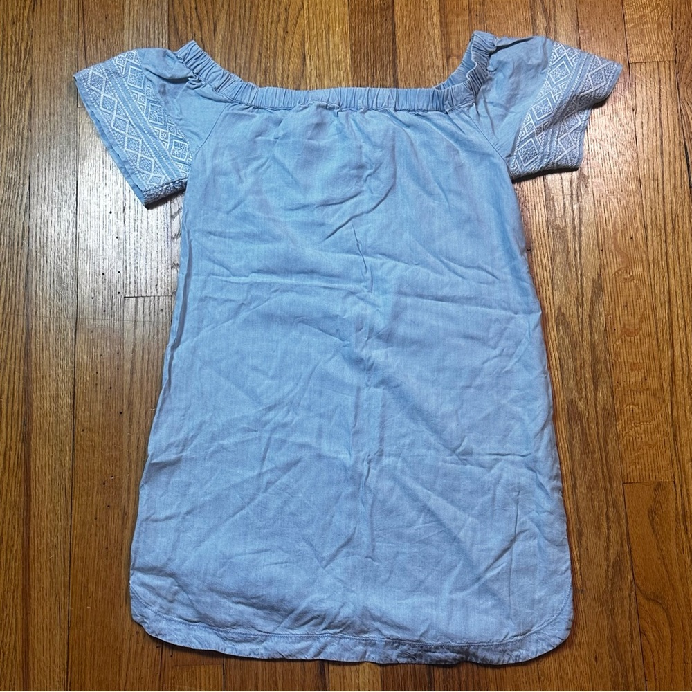 Athleta Dress Tunic Womens Size XXS Chambray Embroidered Sleeve Off Shoulder - Picture 2 of 6